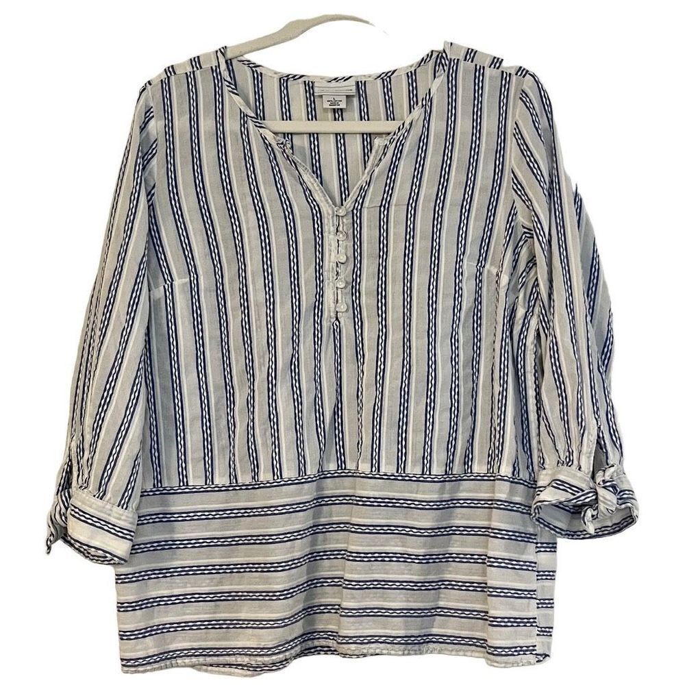 Liz Claiborne Blue Stripe Tie Sleeve Popover Size Large